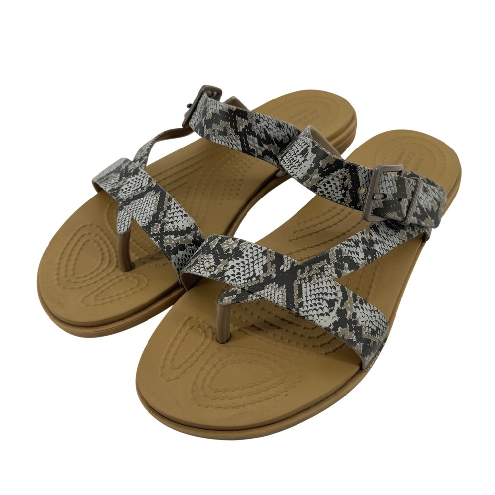 Crocs Tulum Toe Post Sandal Snakeskin Gray Tan‎ Women 8 Strappy Slip On Flip